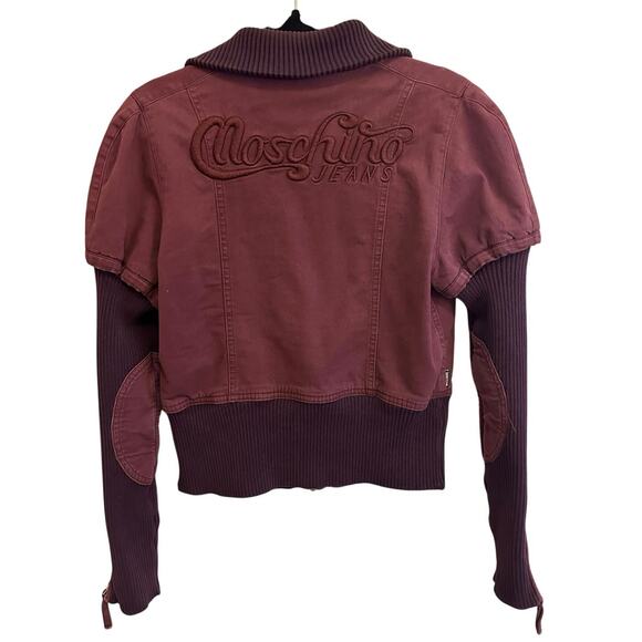 Moschino Jeans Maroon Denim Women's Ribbed Zip Up Embroidered Bomber Jacket 8 - Picture 13 of 15